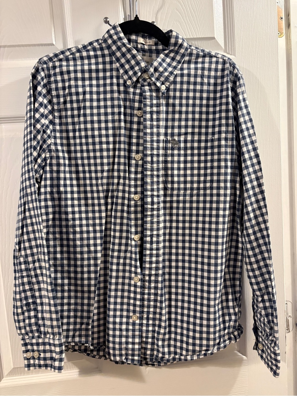 Abercrombie & Fitch Navy Blue and White Gingham Button-Down Shirt